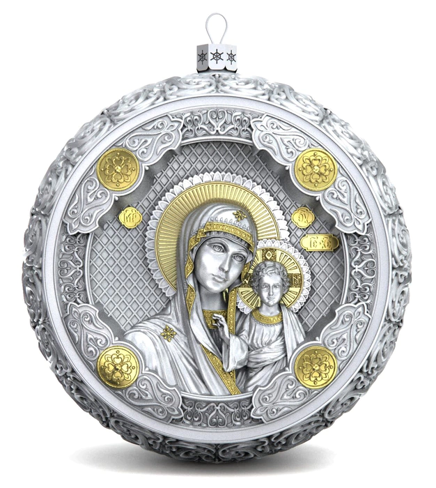 Gift set with balls and icon "Mother of God of Kazan" made of silver, 2 balls